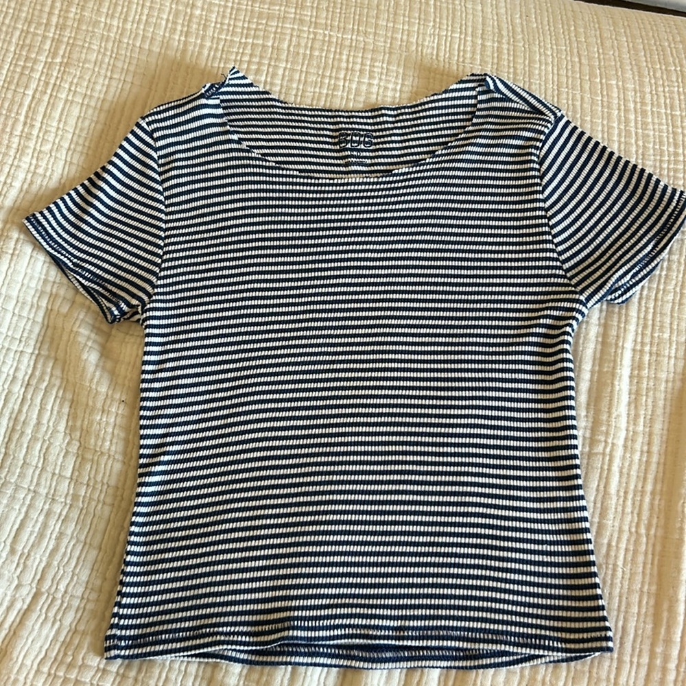 blue and white striped BDG off the shoulder cut shirt